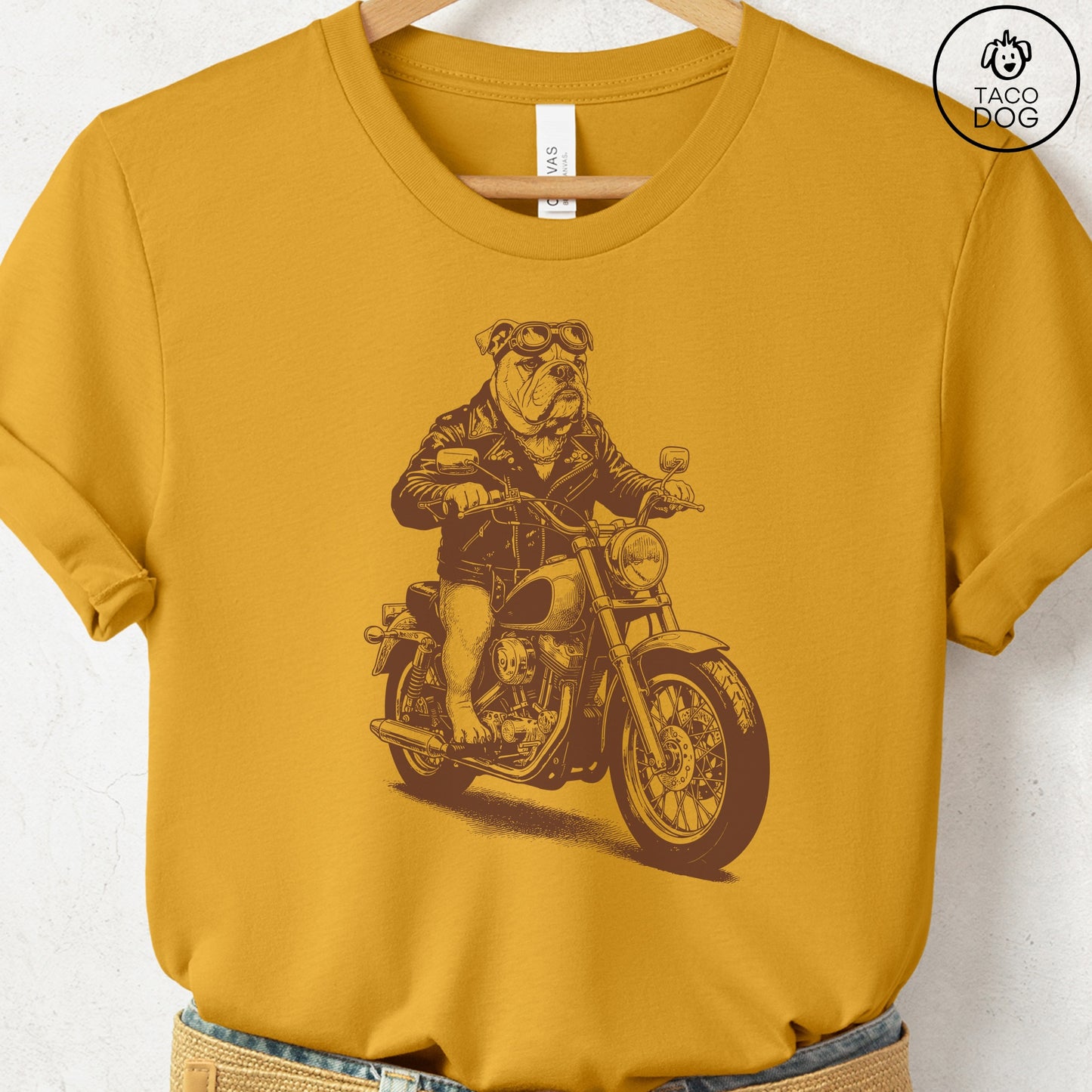 English Bulldog Motorbike T-Shirt Mustard S Taco-Dog