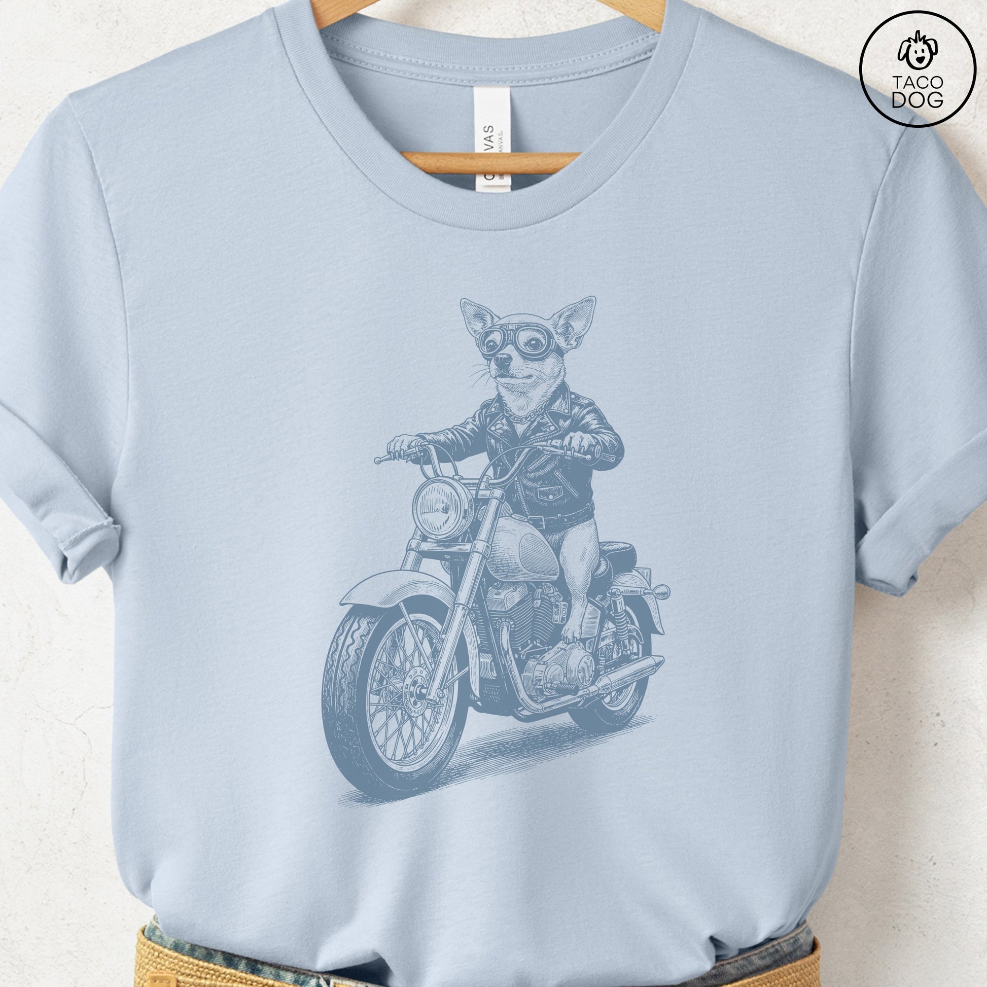 Chihuahua Motorbike T-Shirt Light Blue S Taco-Dog