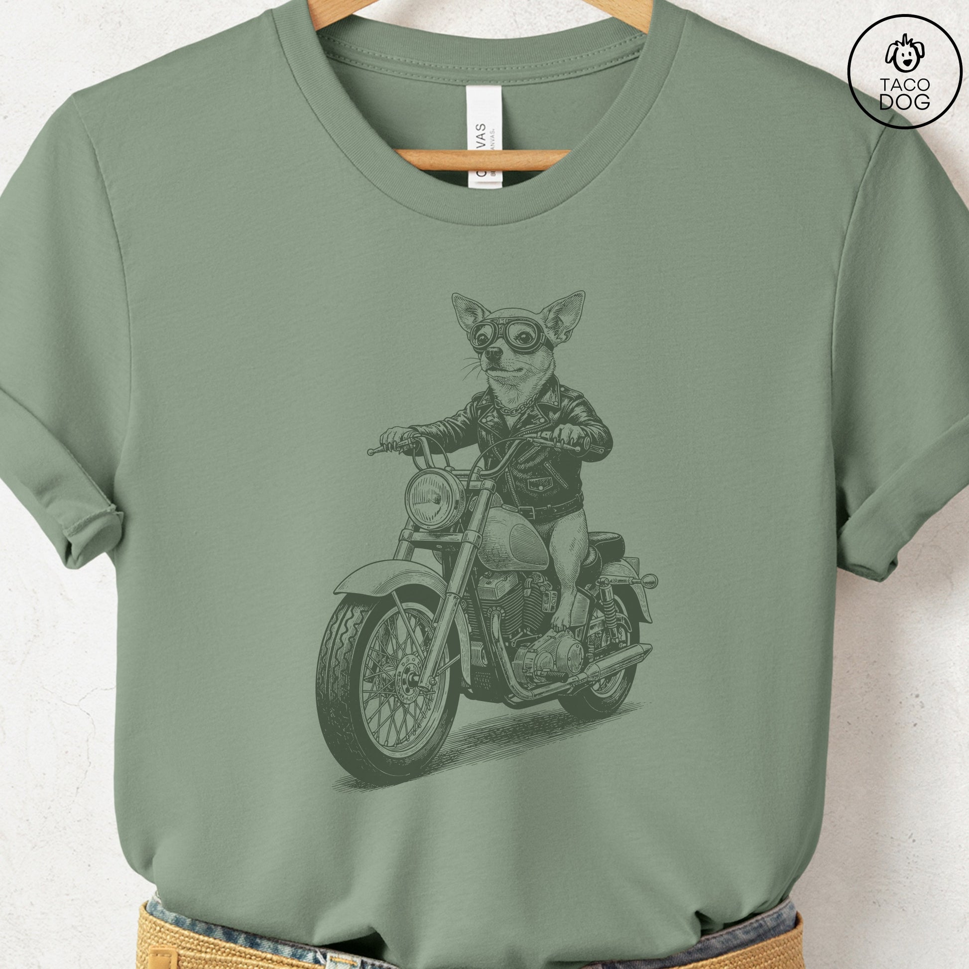 Chihuahua Motorbike T-Shirt Sage S Taco-Dog