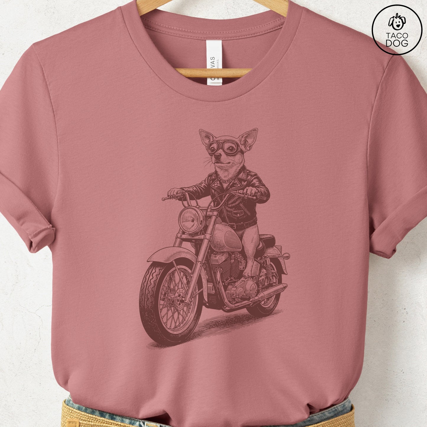 Chihuahua Motorbike T-Shirt Heather Mauve S Taco-Dog