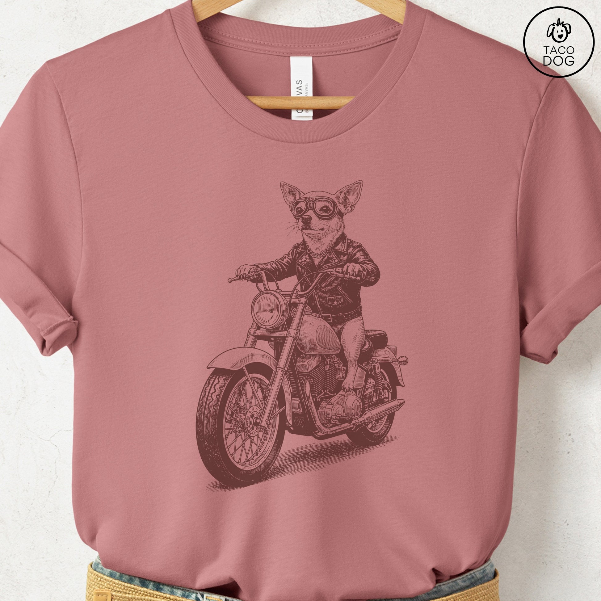 Chihuahua Motorbike T-Shirt Heather Mauve S Taco-Dog