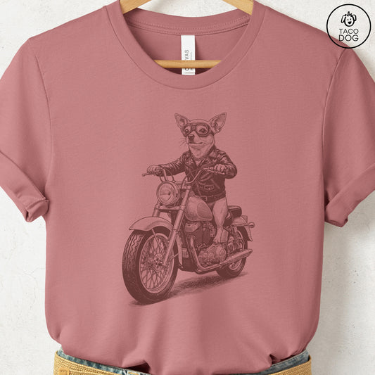 Chihuahua Motorbike T-Shirt Heather Mauve S Taco-Dog