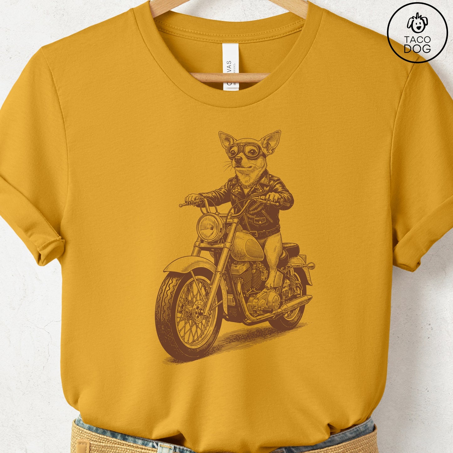 Chihuahua Motorbike T-Shirt Mustard S Taco-Dog