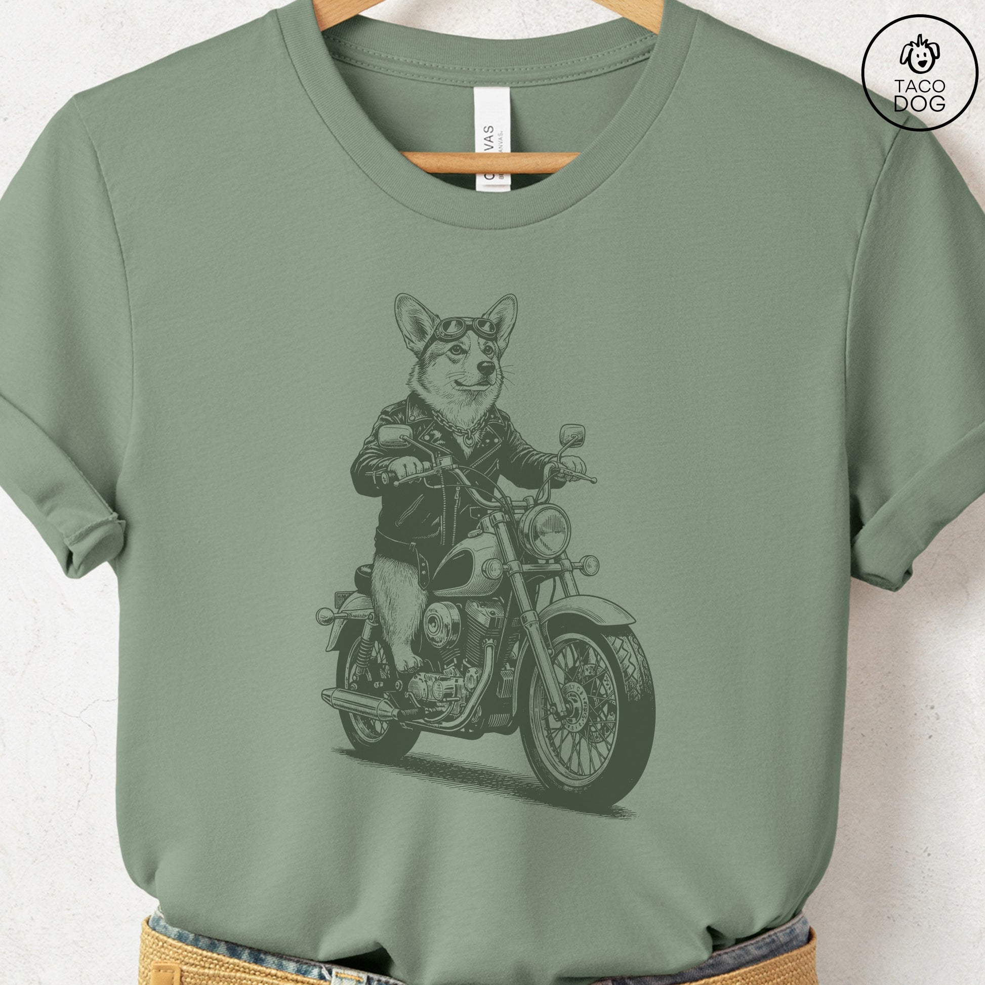 Corgi Motorbike T-Shirt Sage S Taco-Dog