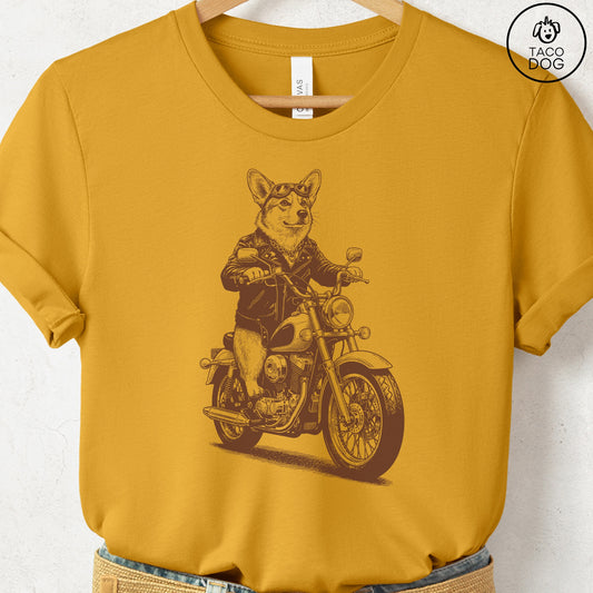 Corgi Motorbike T-Shirt Mustard S Taco-Dog
