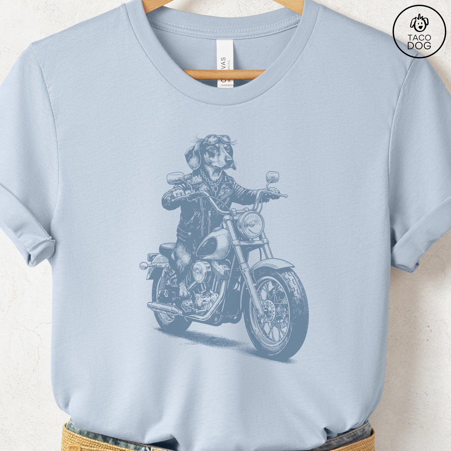 Dachshund Motorbike T-Shirt XS Light Blue Taco-Dog