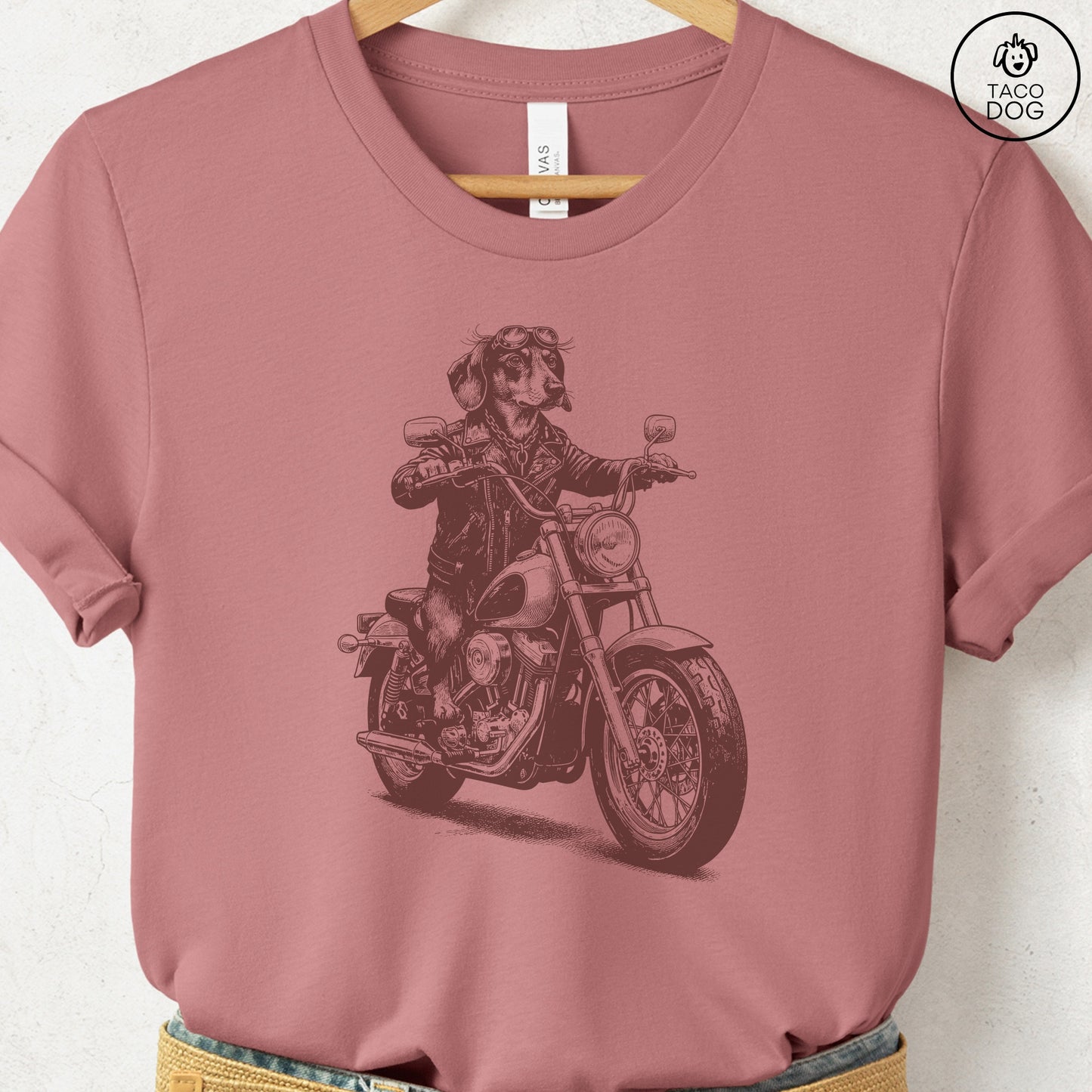 Dachshund Motorbike T-Shirt XS Heather Mauve Taco-Dog
