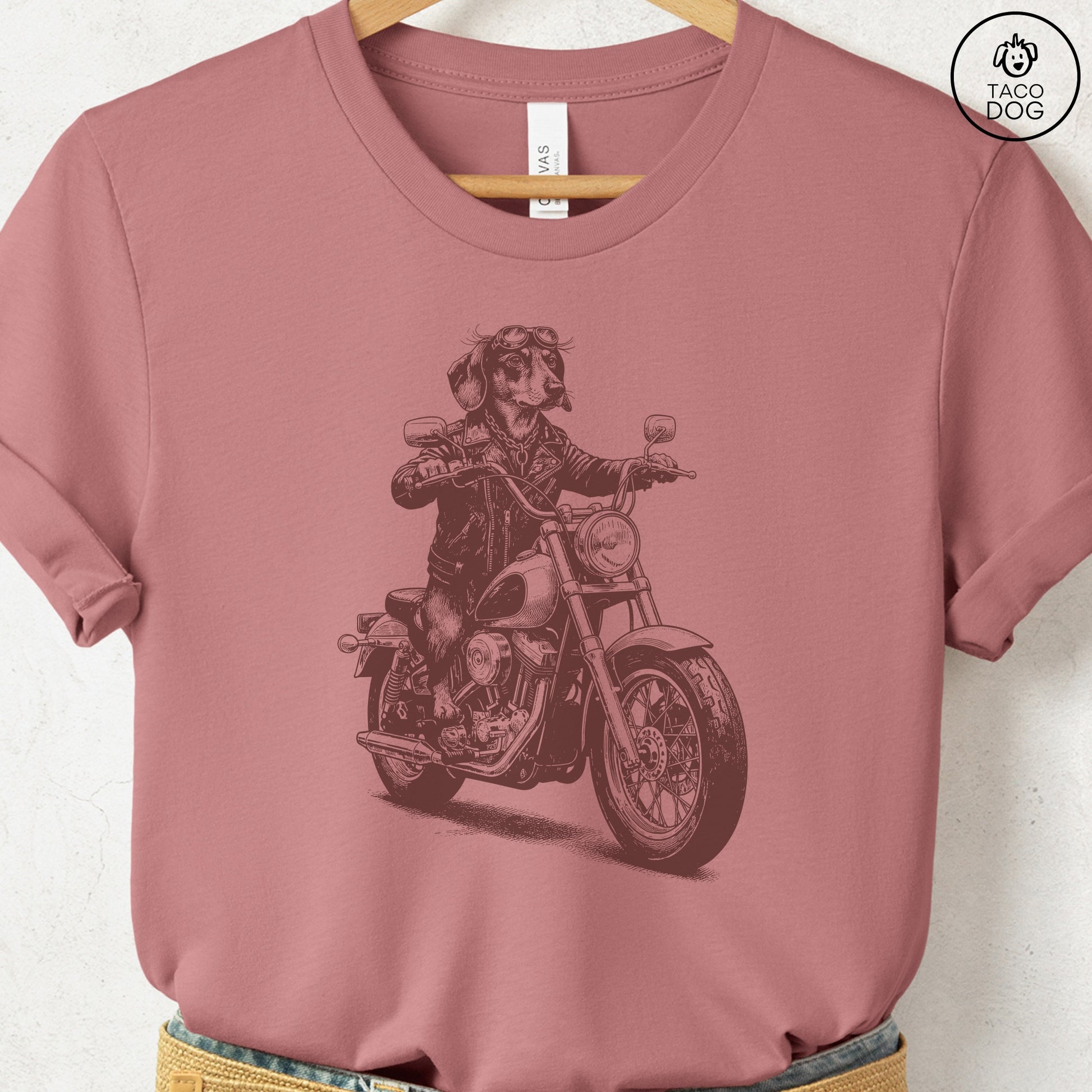 Dachshund Motorbike T-Shirt XS Heather Mauve Taco-Dog