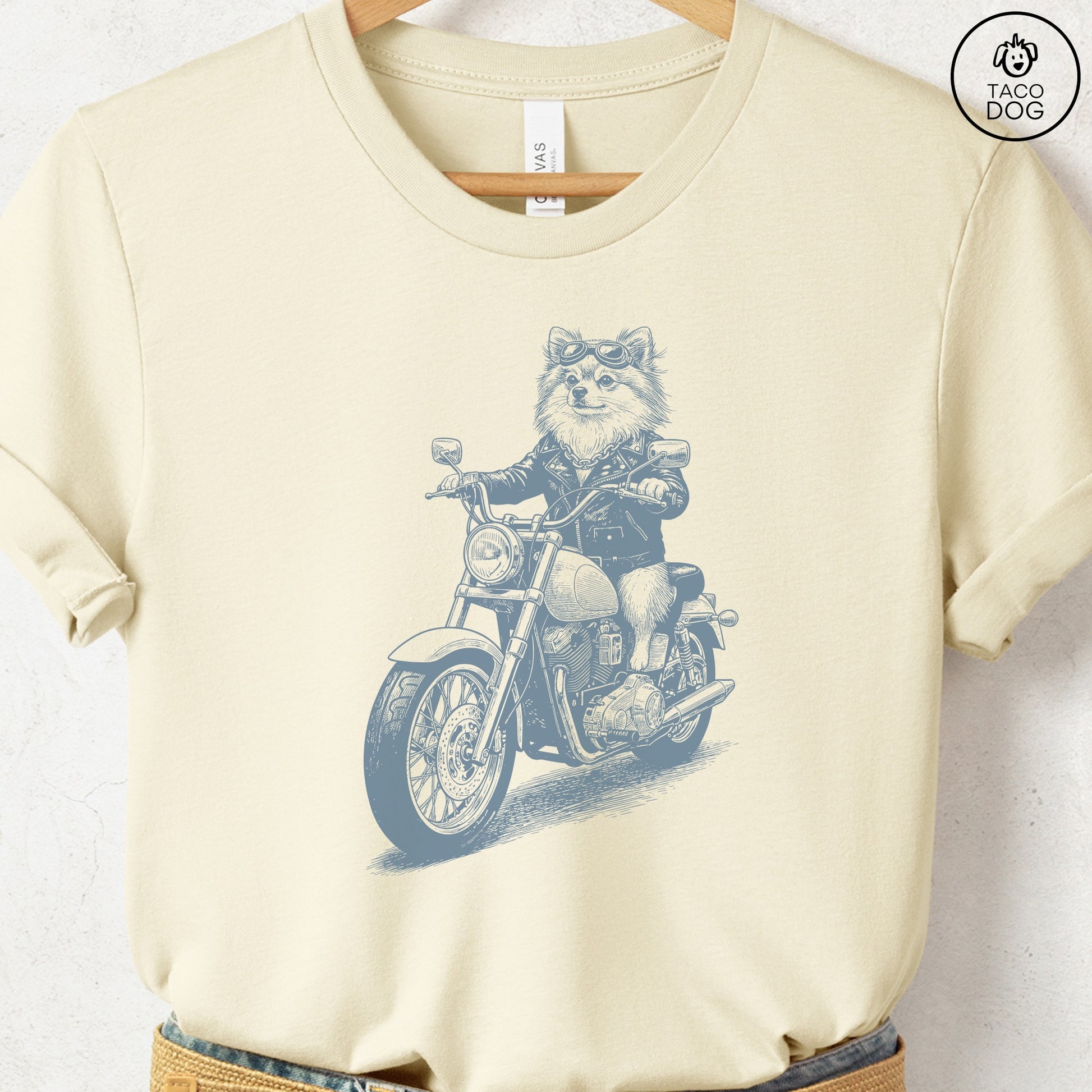 Pomeranian Motorbike T-Shirt Natural S Taco-Dog