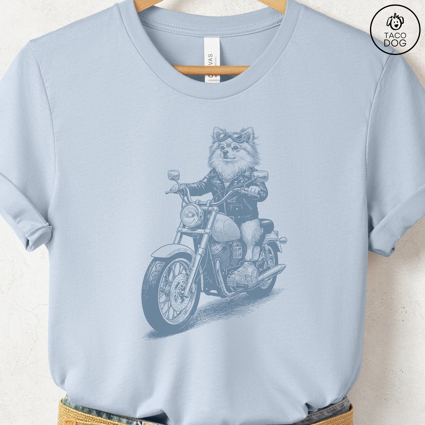 Pomeranian Motorbike T-Shirt Light Blue S Taco-Dog