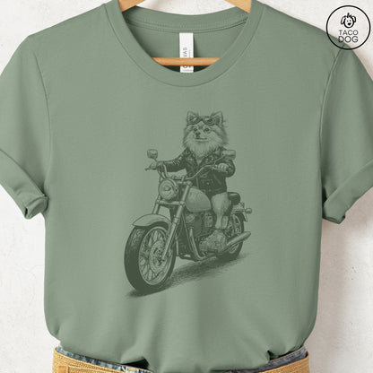 Pomeranian Motorbike T-Shirt Sage S Taco-Dog