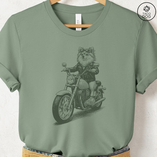 Pomeranian Motorbike T-Shirt Sage S Taco-Dog