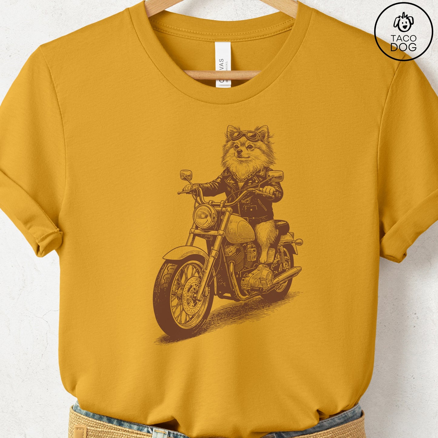 Pomeranian Motorbike T-Shirt Mustard S Taco-Dog