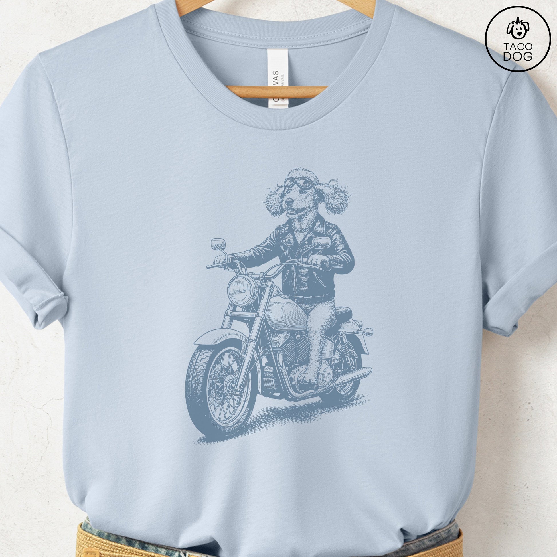 Poodle Motorbike T-Shirt Light Blue S Taco-Dog