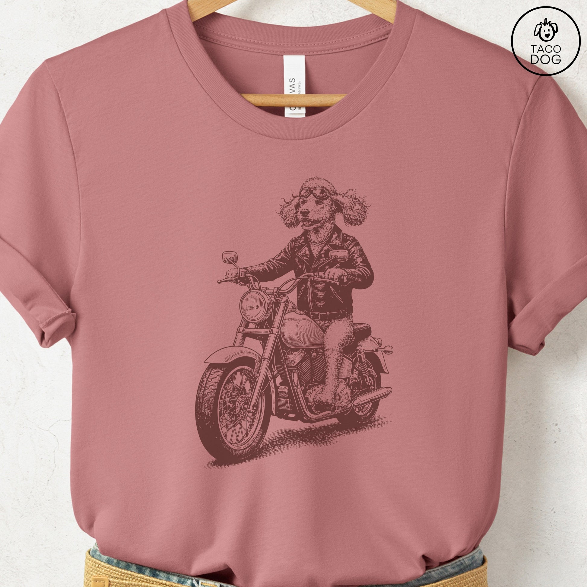 Poodle Motorbike T-Shirt Heather Mauve S Taco-Dog