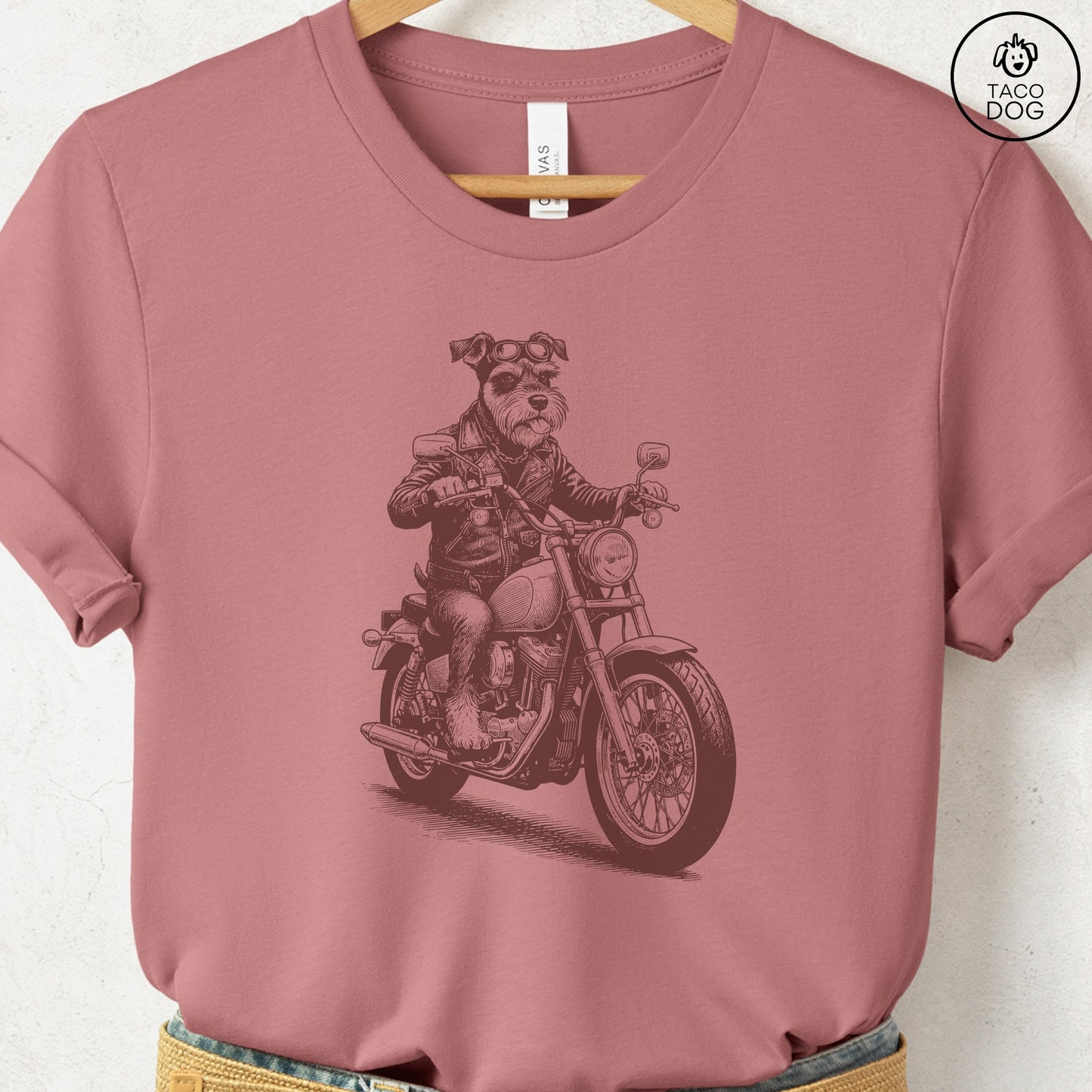 Schnauzer Motorbike T-Shirt Heather Mauve S Taco-Dog