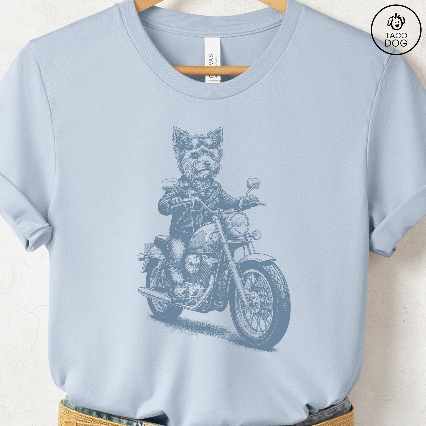 Yorkshire Terrier Motorbike T-Shirt Light Blue S Taco-Dog
