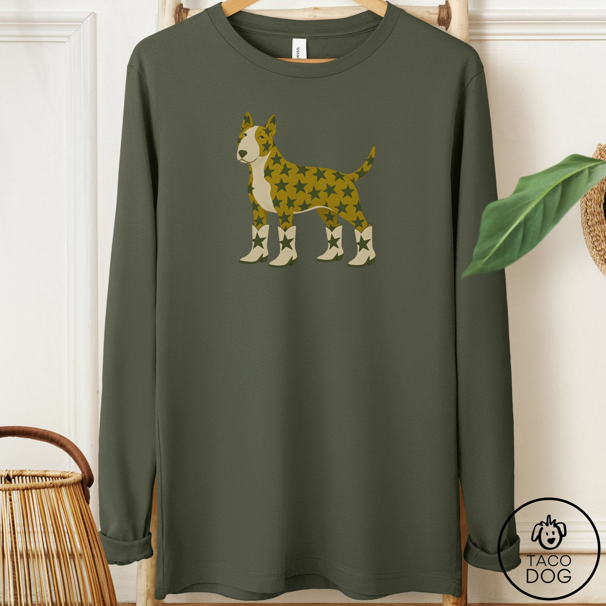 Bull Terrier My Stars Long Sleeve Tee Military Green Taco-Dog