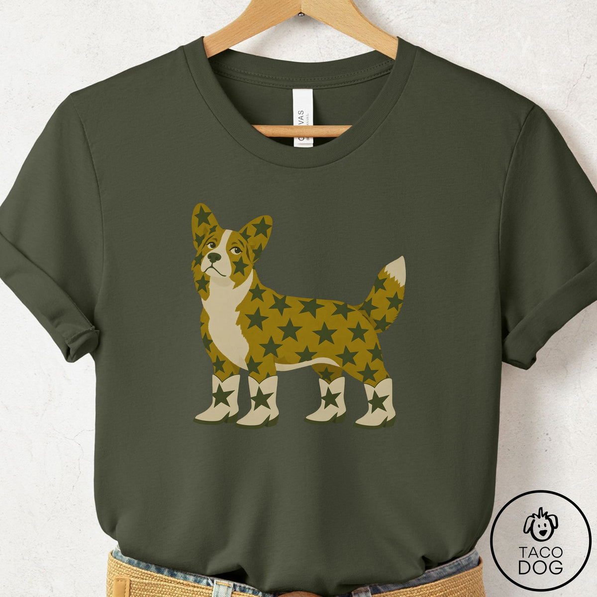 Cardigan Welsh Corgi My Stars T-Shirt Military Green Taco-Dog