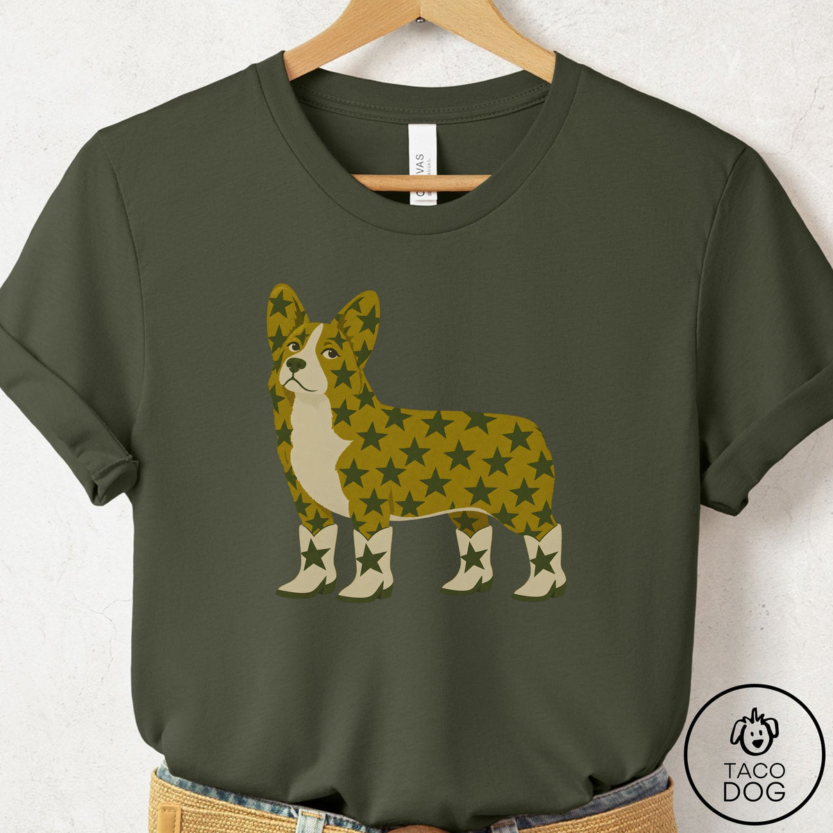 Corgi My Stars T-Shirt Military Green Taco-Dog