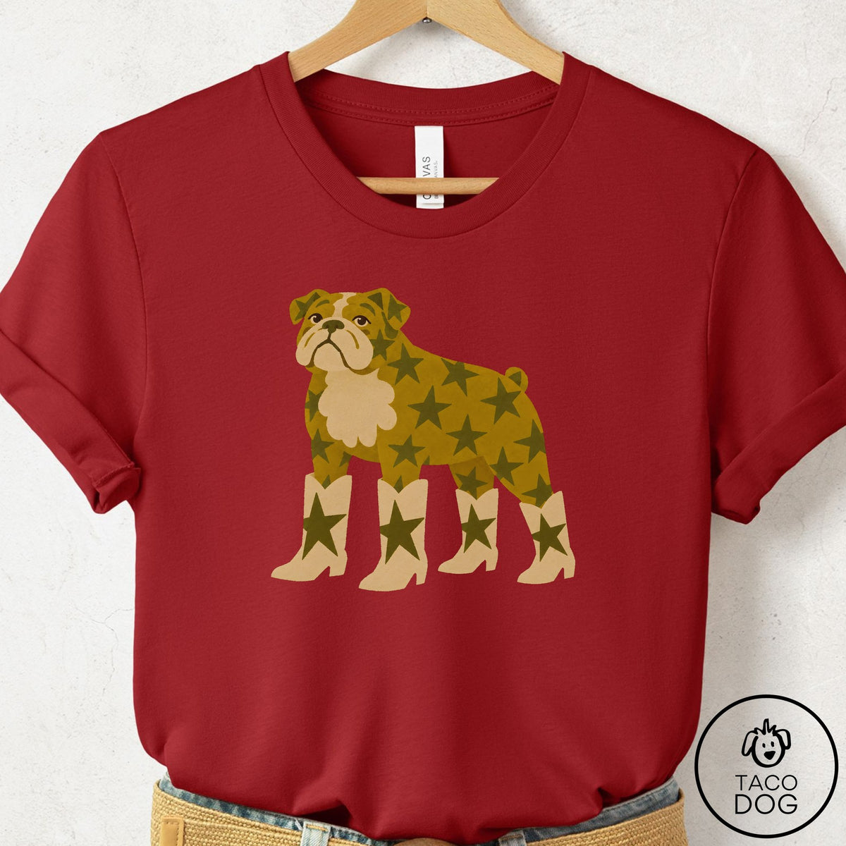English Bulldog My Stars T-Shirt Canvas Red Taco-Dog