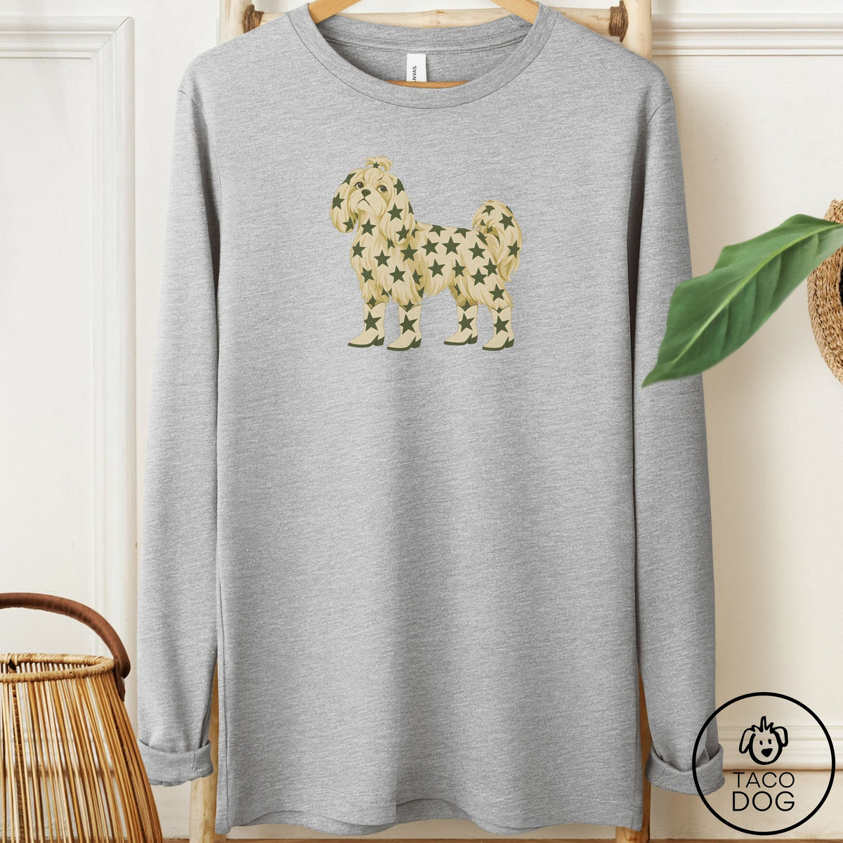 Maltese My Stars Long Sleeve Tee Athletic Heather Taco-Dog