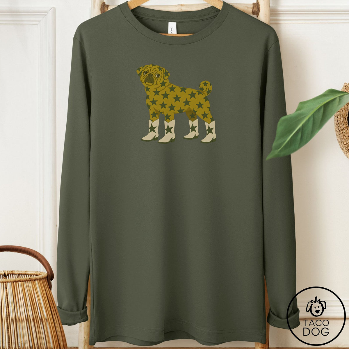 Pug My Stars Long Sleeve Tee Military Green Taco-Dog