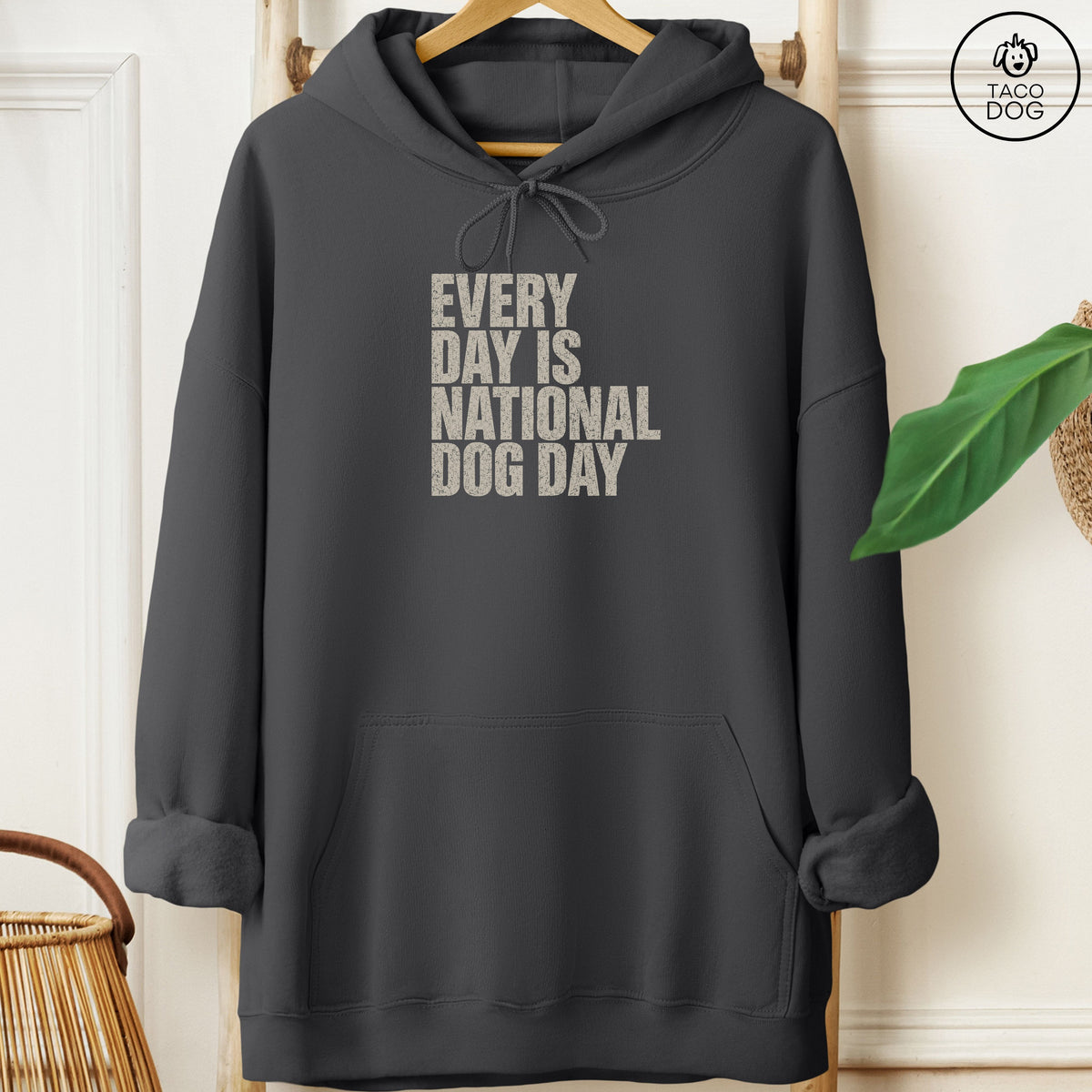 Distressed Every Day Is National Dog Day Hoodie Charcoal Taco-Dog