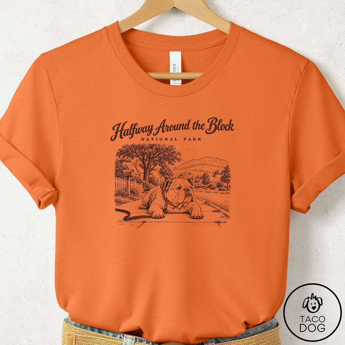 English Bulldog National Park T-Shirt Burnt Orange Taco-Dog