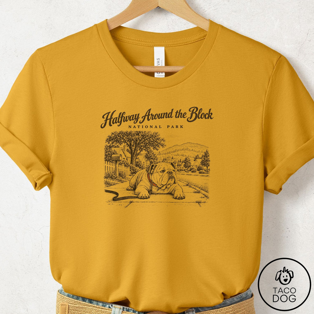 English Bulldog National Park T-Shirt Mustard Taco-Dog
