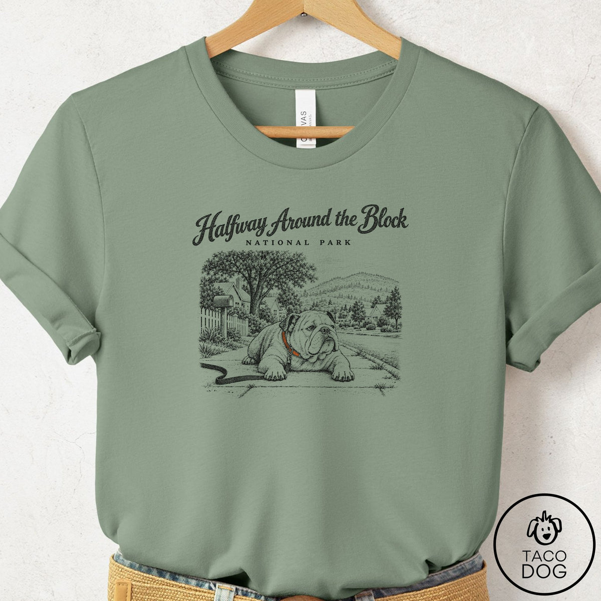 English Bulldog National Park T-Shirt Sage Taco-Dog