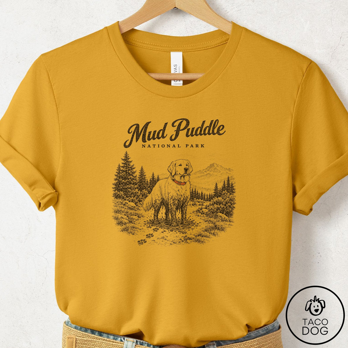 Golden Retriever National Park T-Shirt Mustard Taco-Dog