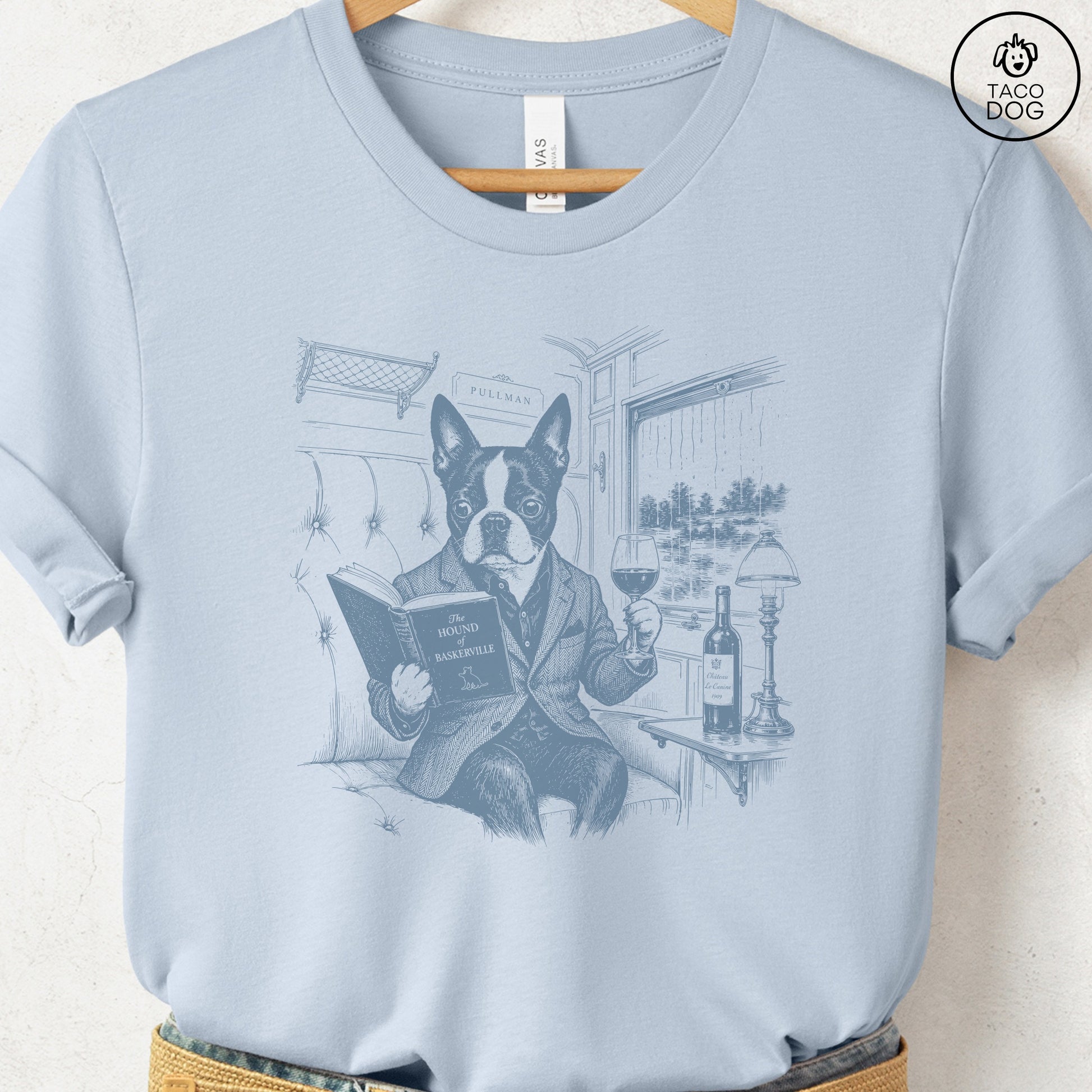 Boston Terrier Night Train T-Shirt Light Blue Taco-Dog