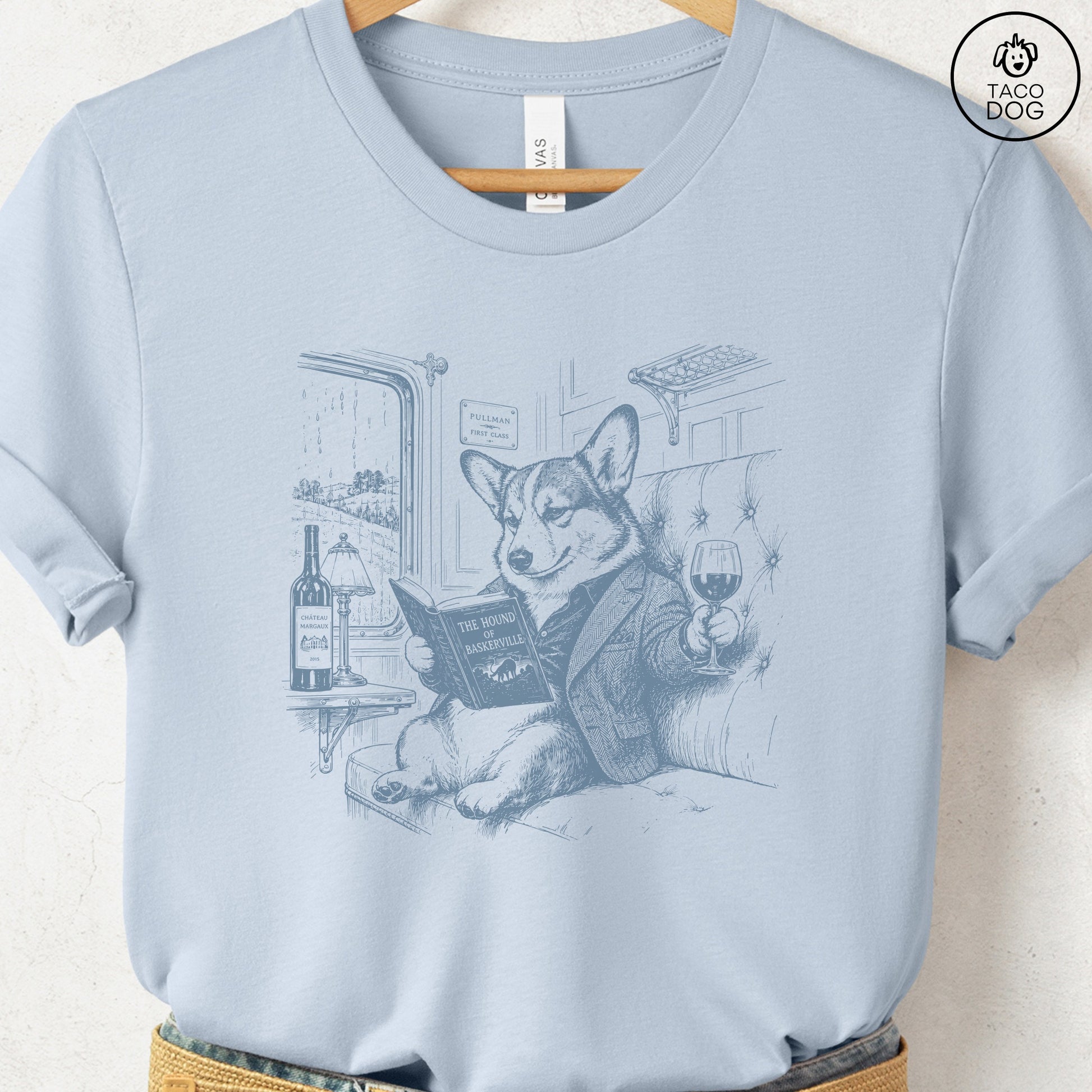 Corgi Night Train T-Shirt Light Blue Taco-Dog