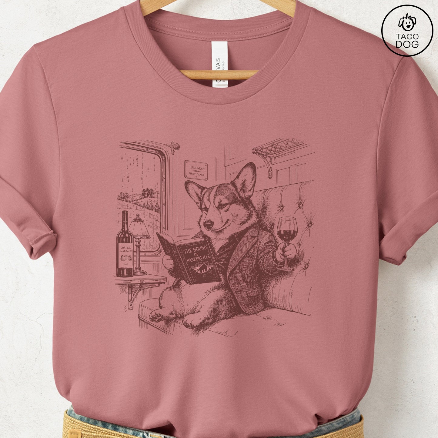 Corgi Night Train T-Shirt Heather Mauve Taco-Dog