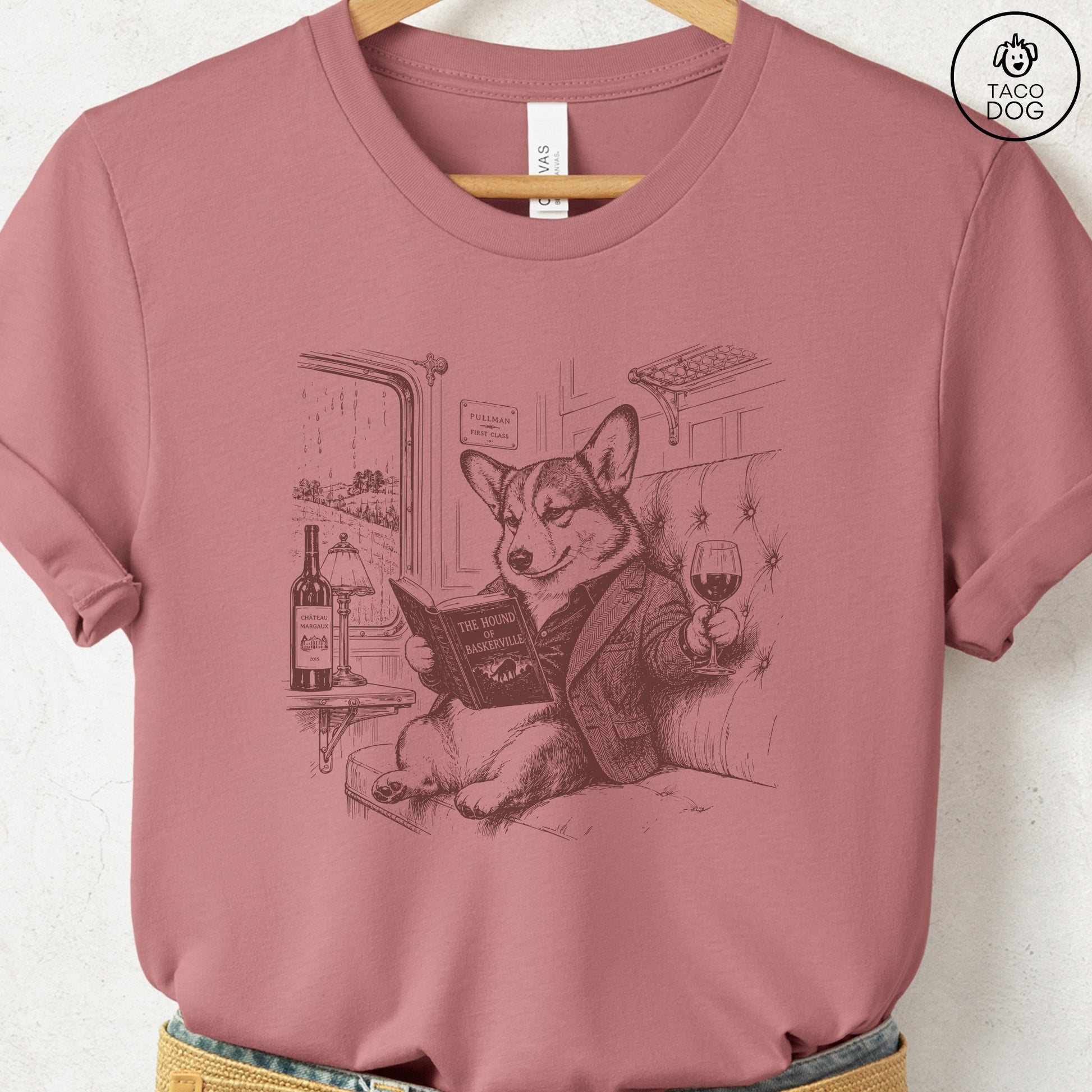 Corgi Night Train T-Shirt Heather Mauve Taco-Dog