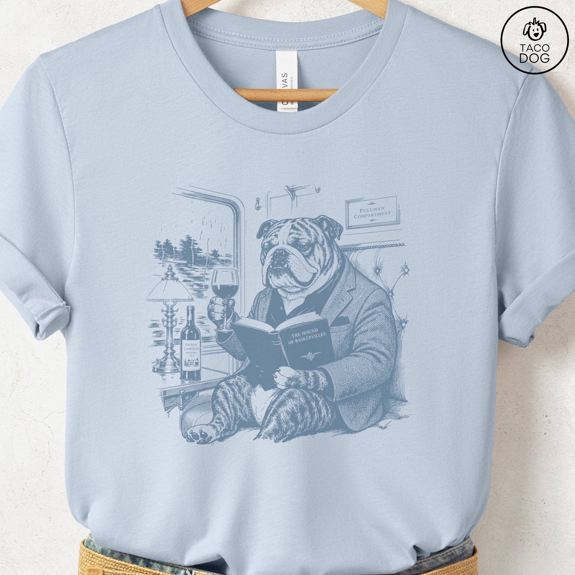 English Bulldog Night Train T-Shirt Light Blue Taco-Dog