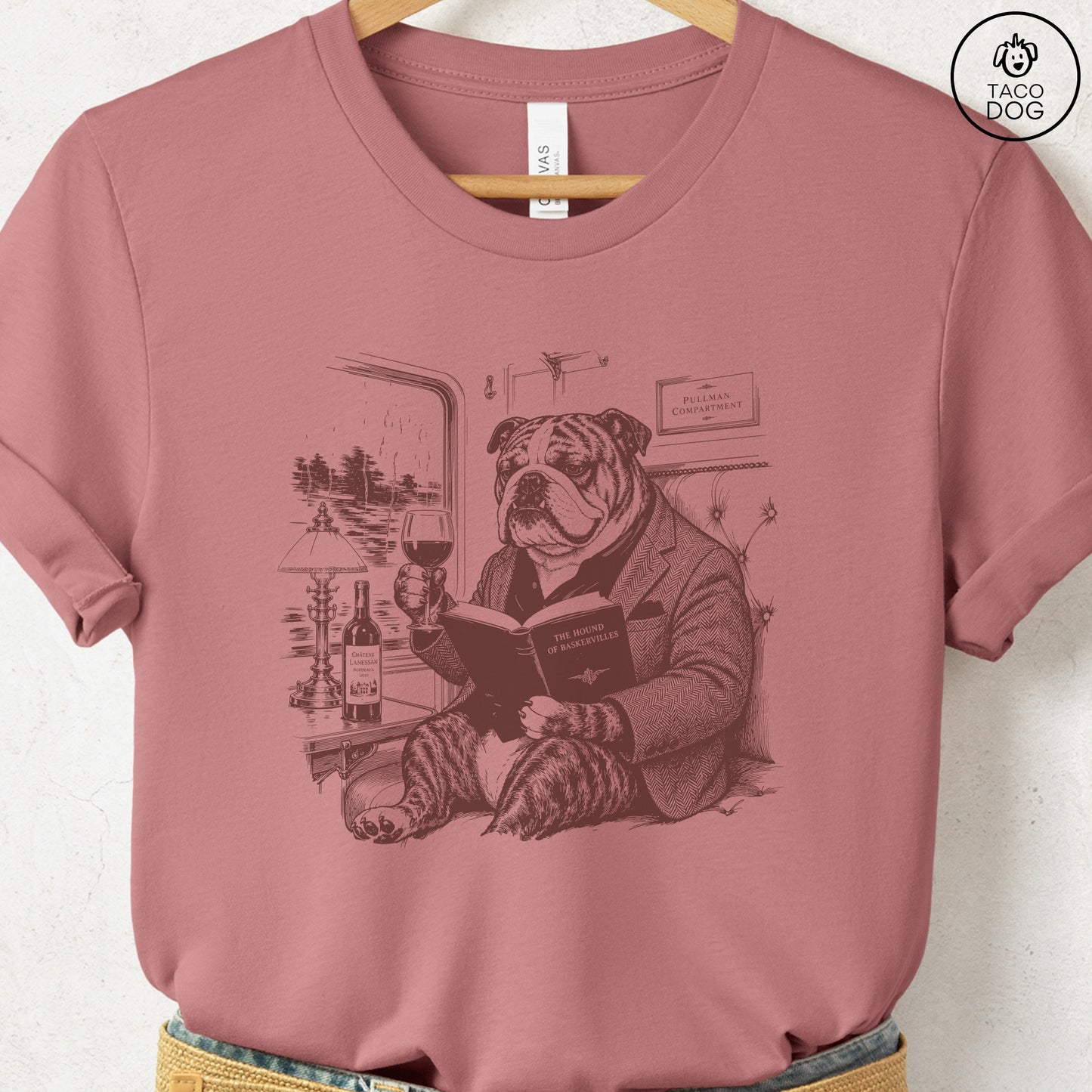 English Bulldog Night Train T-Shirt Heather Mauve Taco-Dog