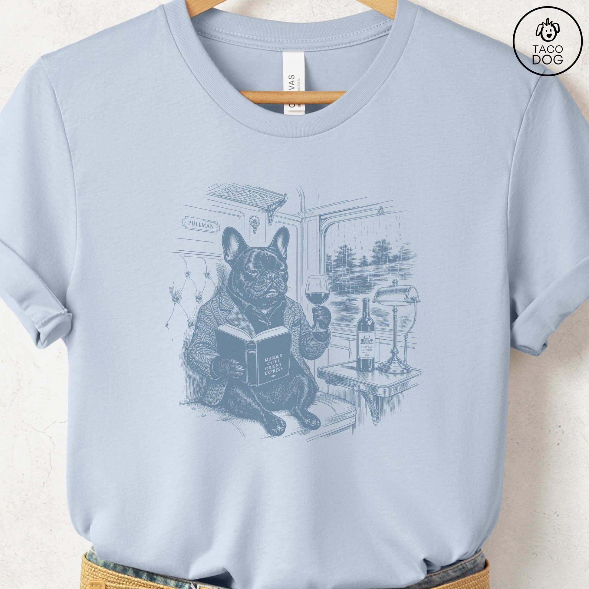 French Bulldog Frenchie Night Train T-Shirt Light Blue Taco-Dog