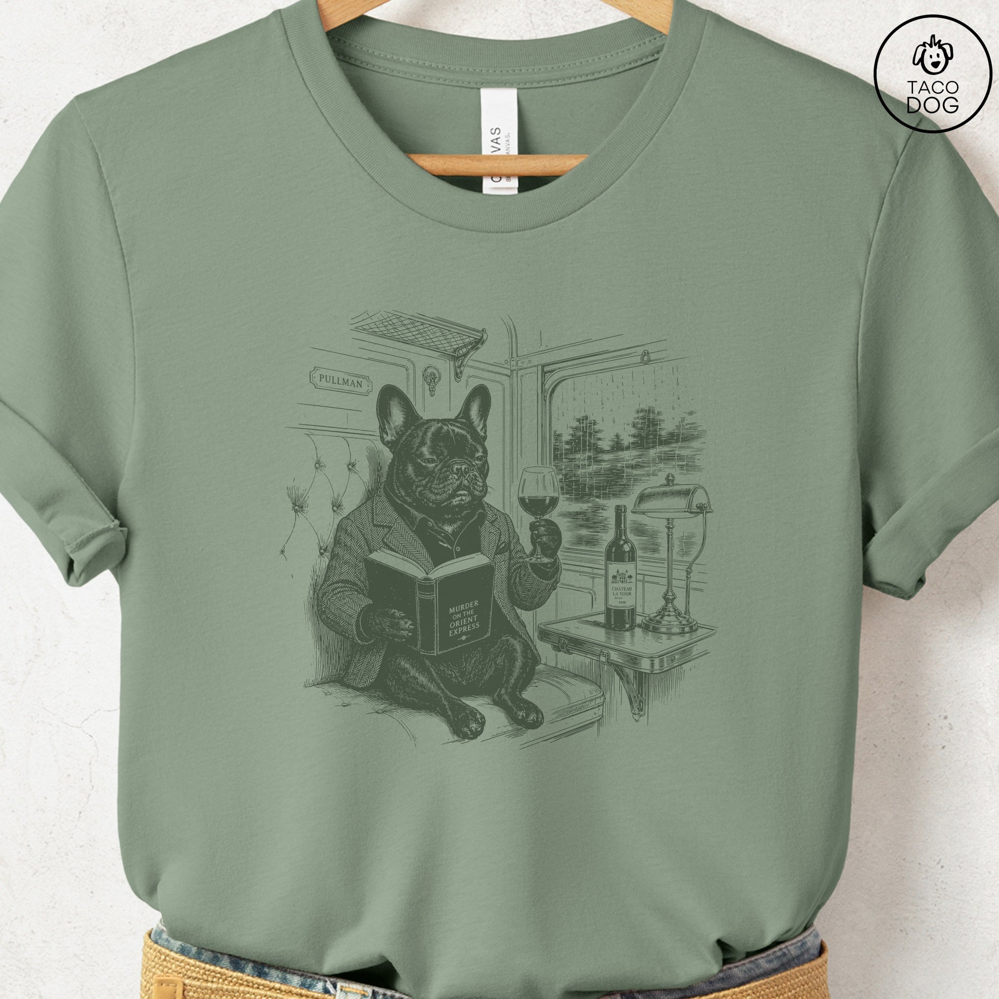 French Bulldog Frenchie Night Train T-Shirt Sage Taco-Dog