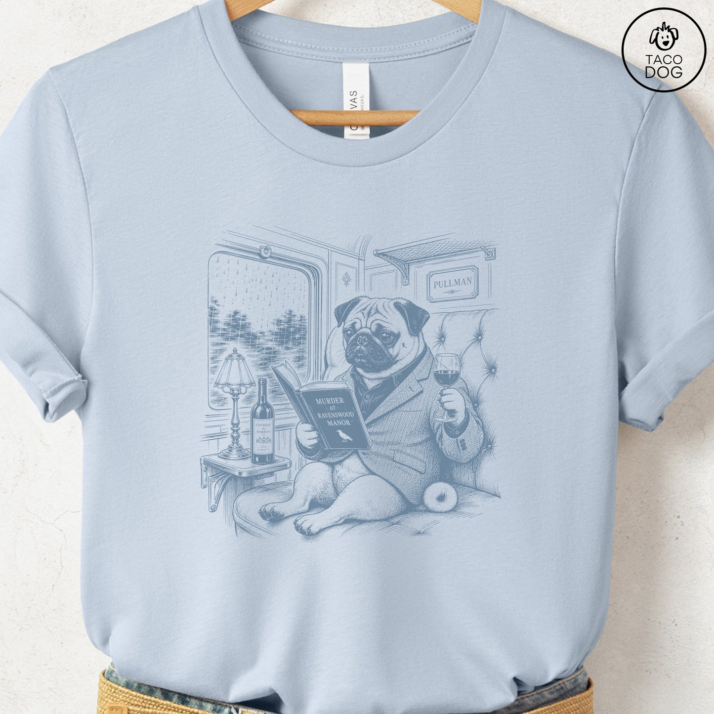 Pug Night Train T-Shirt Light Blue Taco-Dog