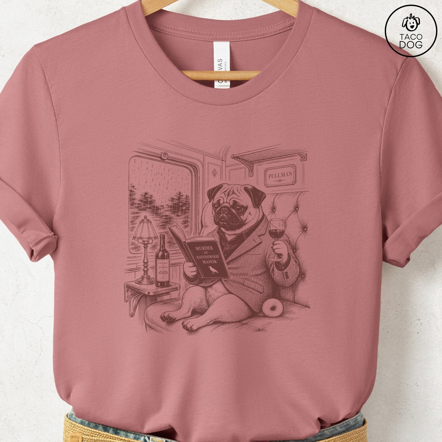 Pug Night Train T-Shirt Heather Mauve Taco-Dog
