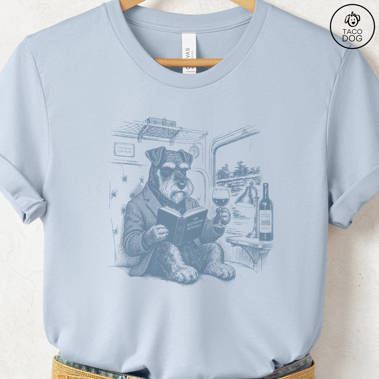 Schnauzer Night Train T-Shirt Light Blue Taco-Dog