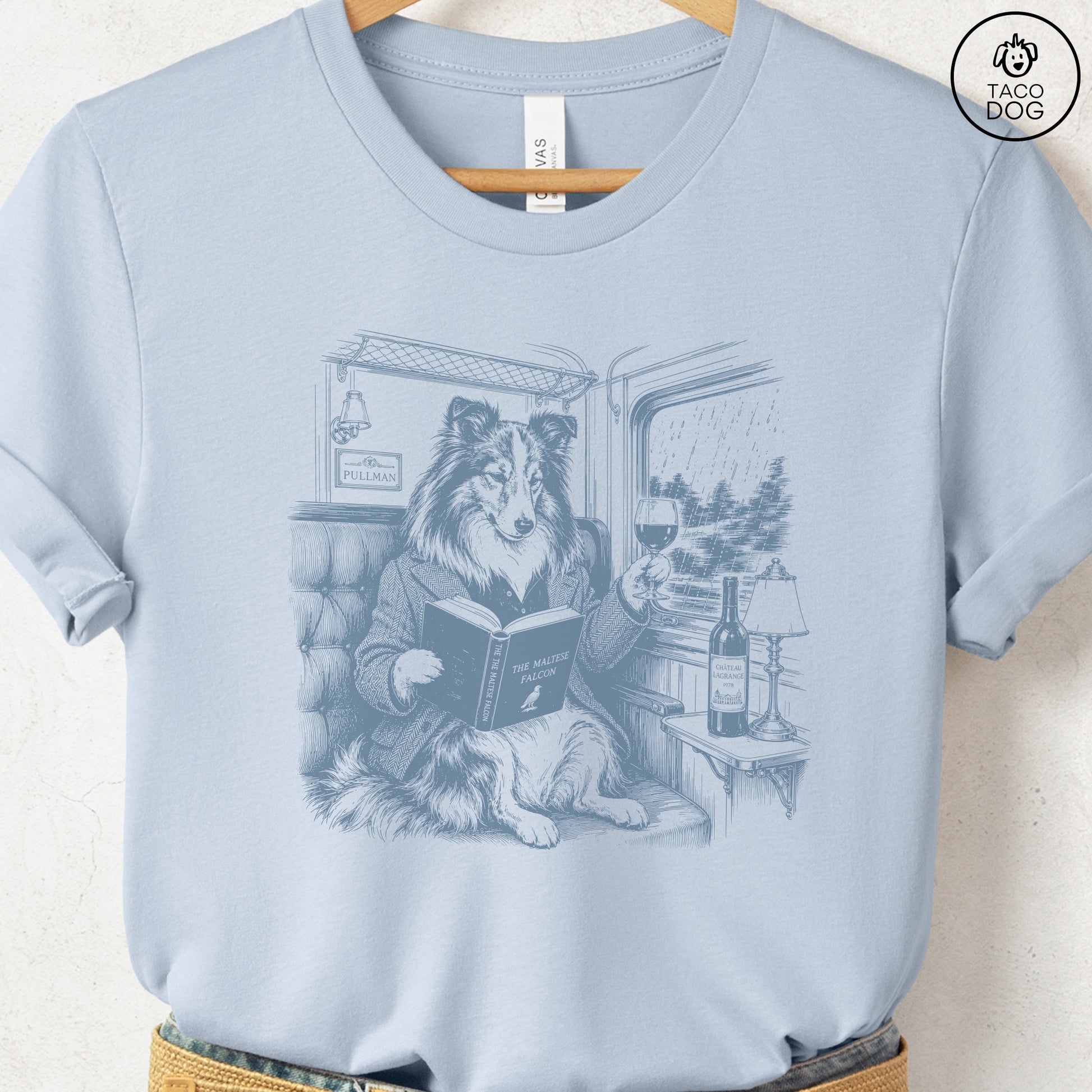 Shetland Sheepdog Night Train T-Shirt Light Blue Taco-Dog