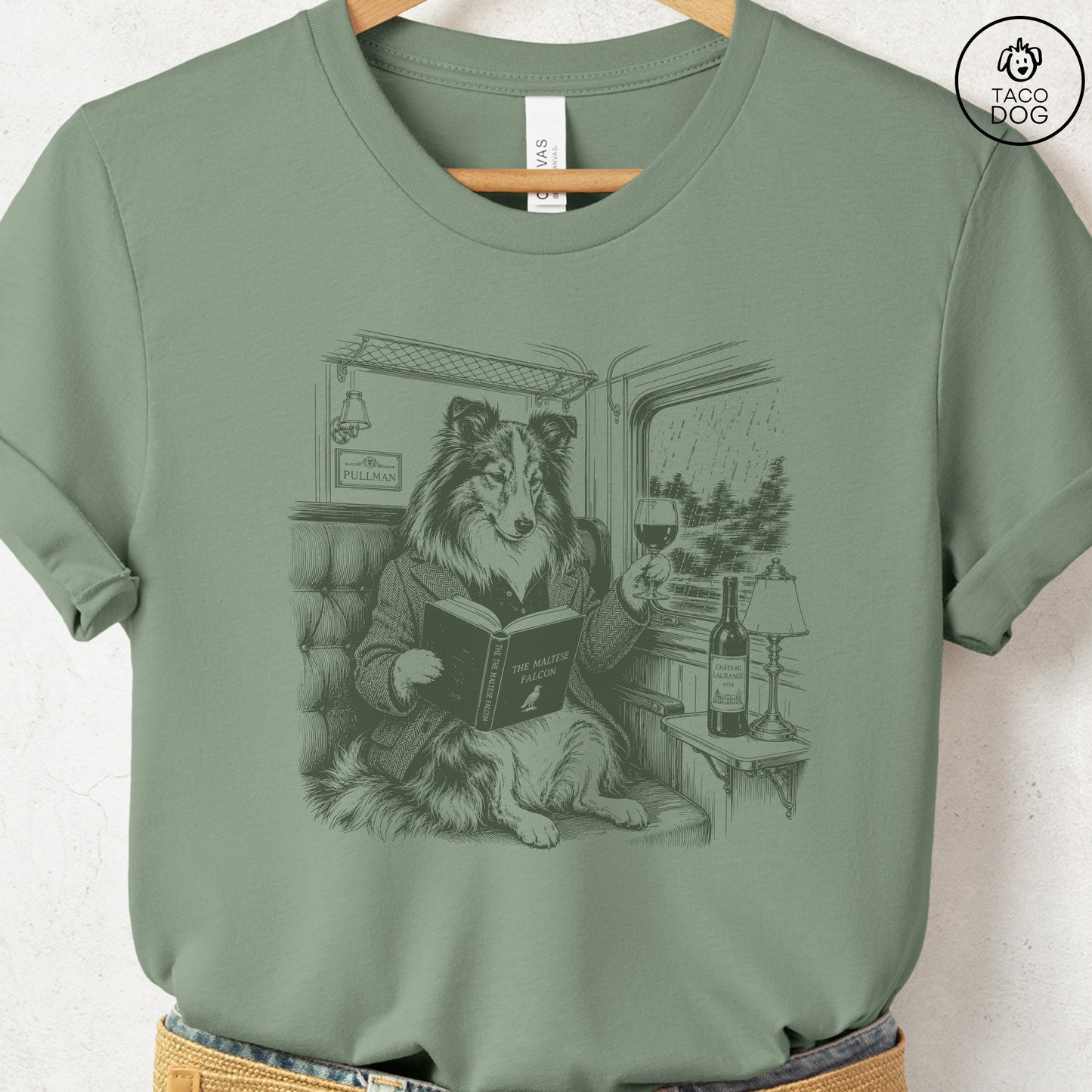Shetland Sheepdog Night Train T-Shirt Sage Taco-Dog