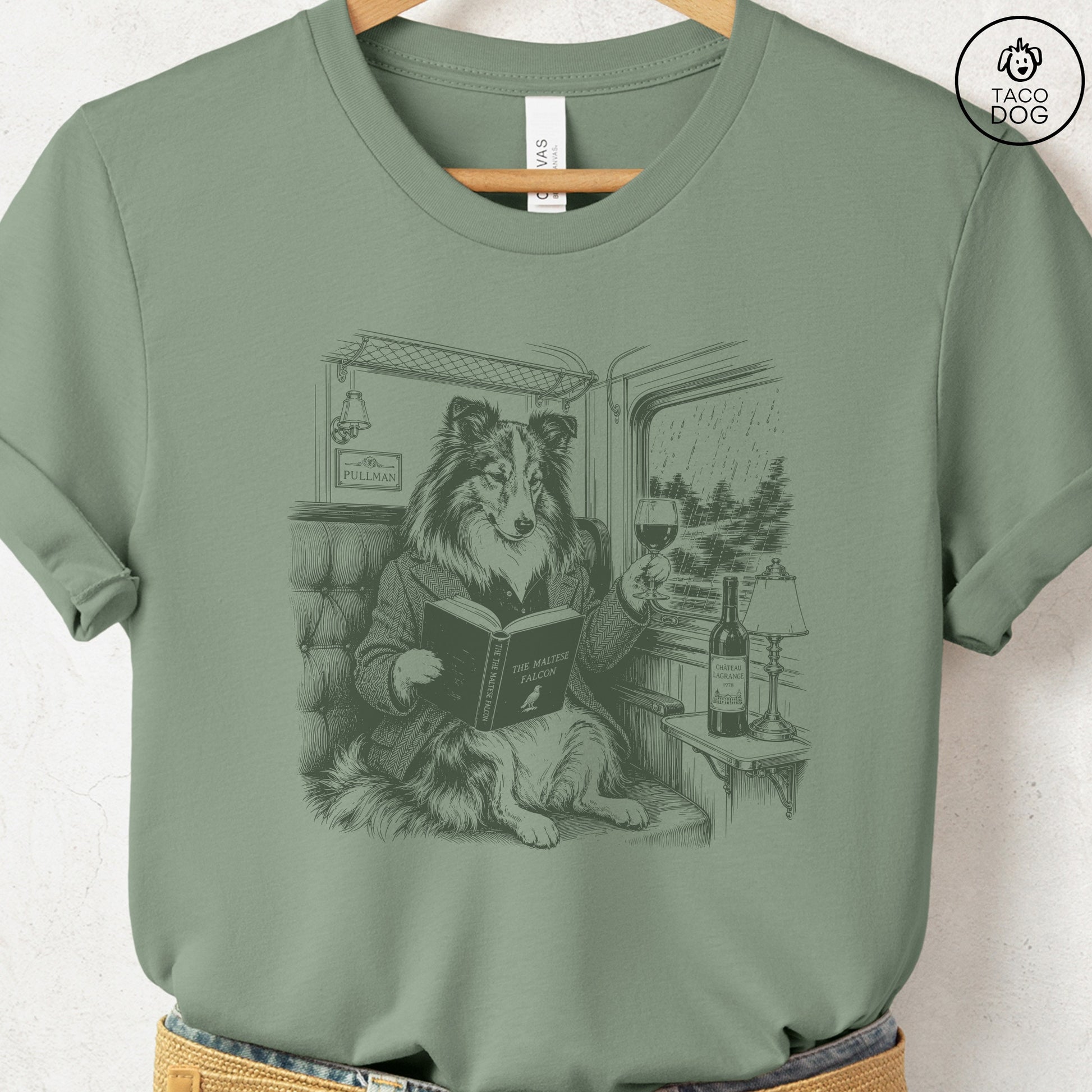 Shetland Sheepdog Night Train T-Shirt Sage Taco-Dog