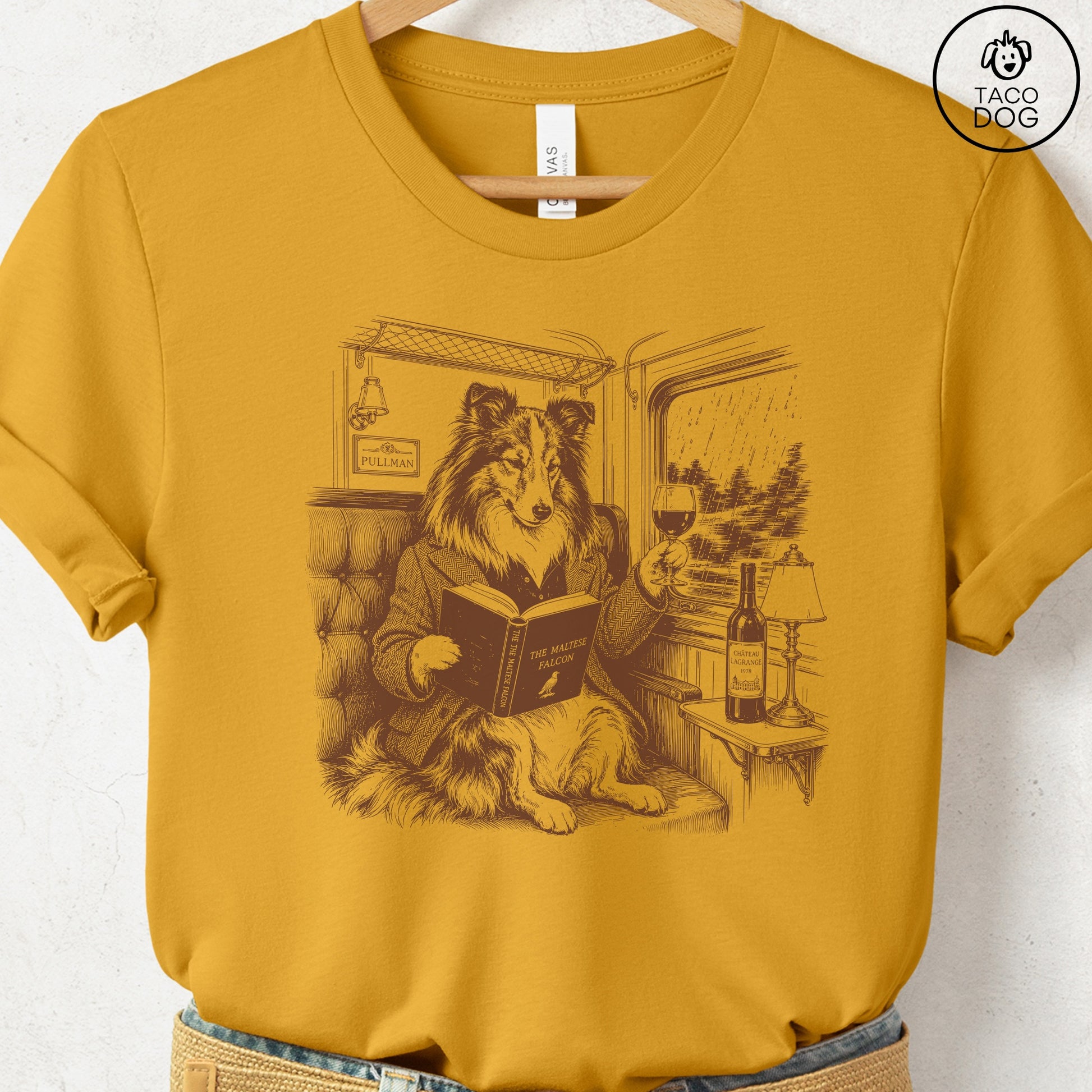Shetland Sheepdog Night Train T-Shirt Mustard Taco-Dog