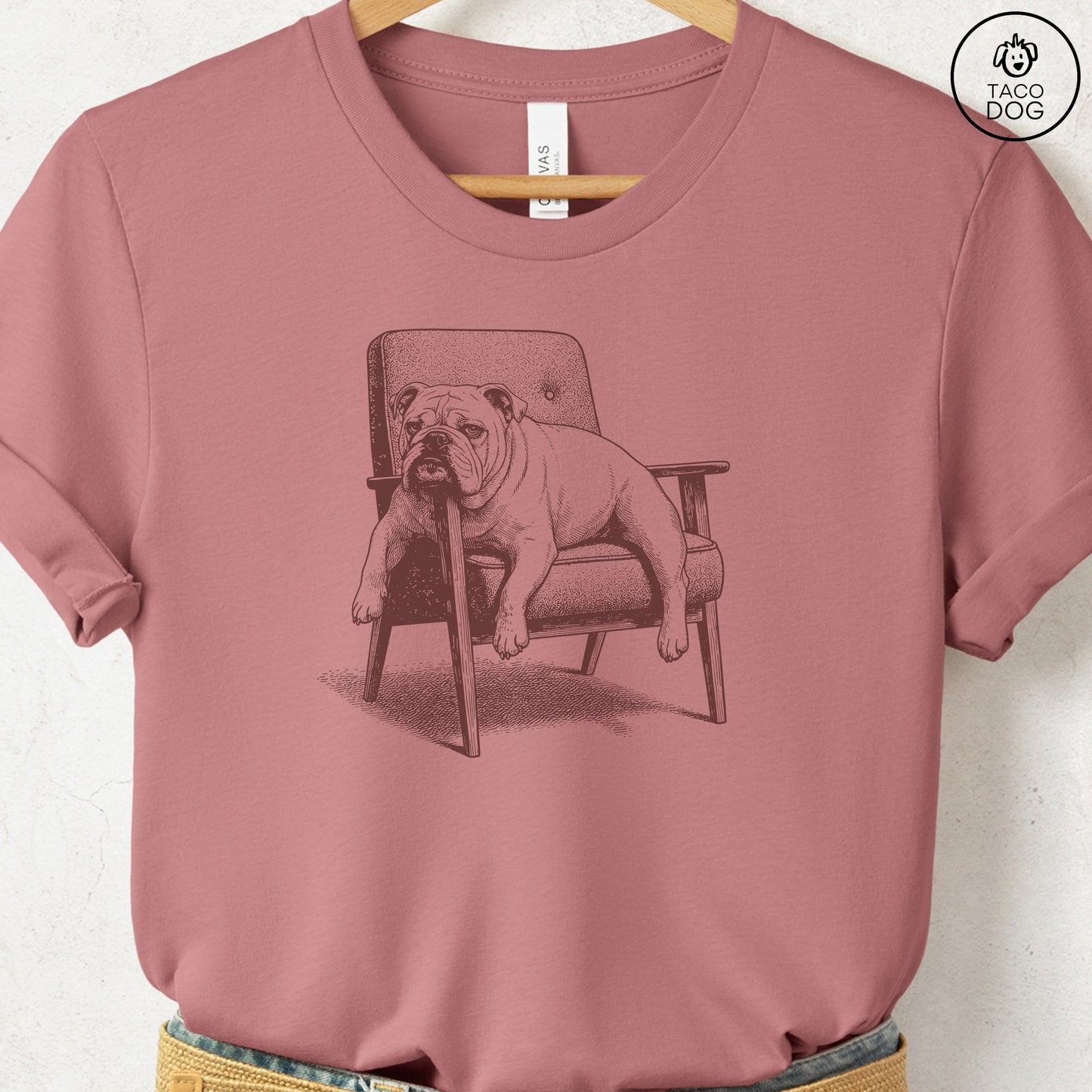 English Bulldog Occupied T-Shirt Heather Mauve S Taco-Dog