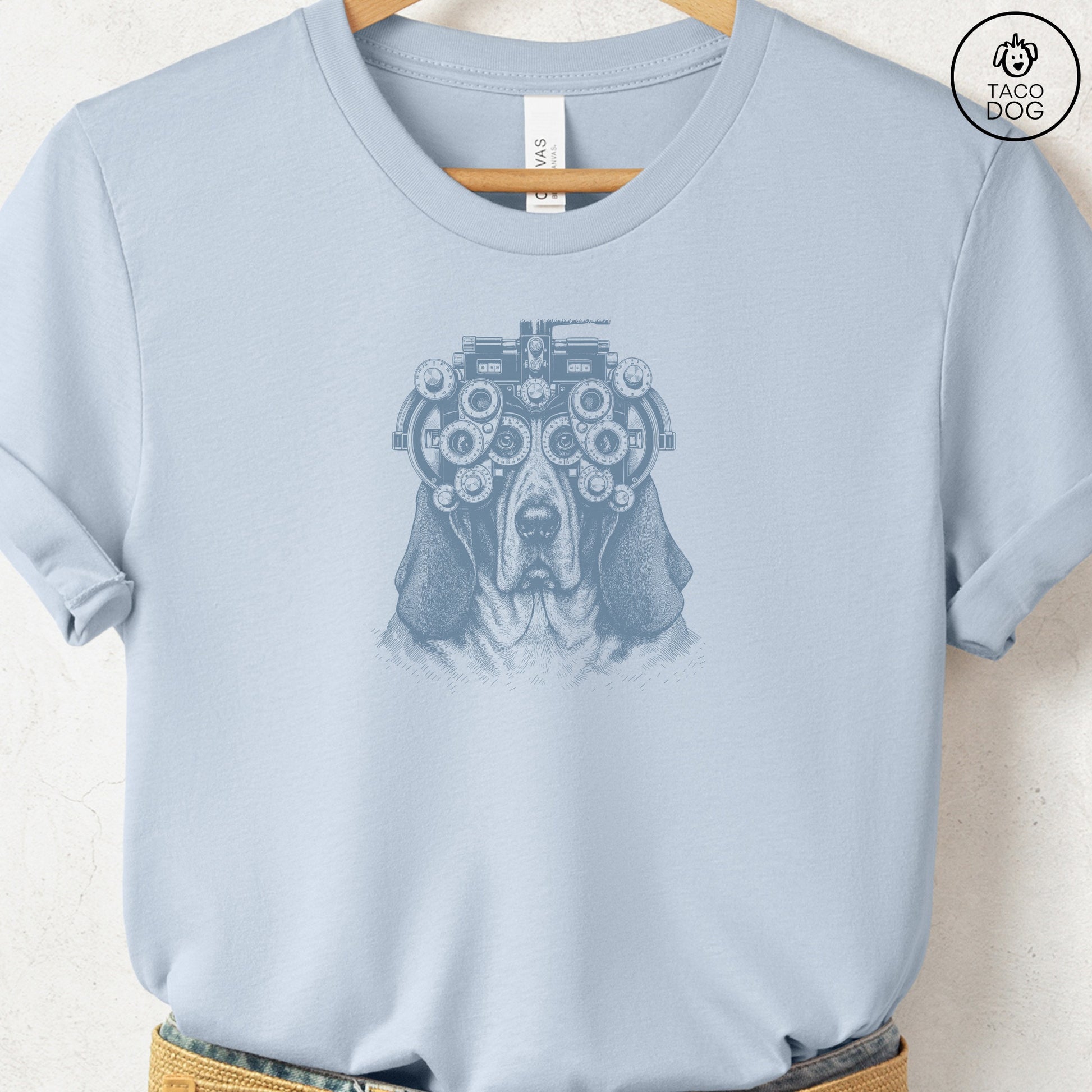 Basset Hound Optometrist T-Shirt Light Blue Taco-Dog