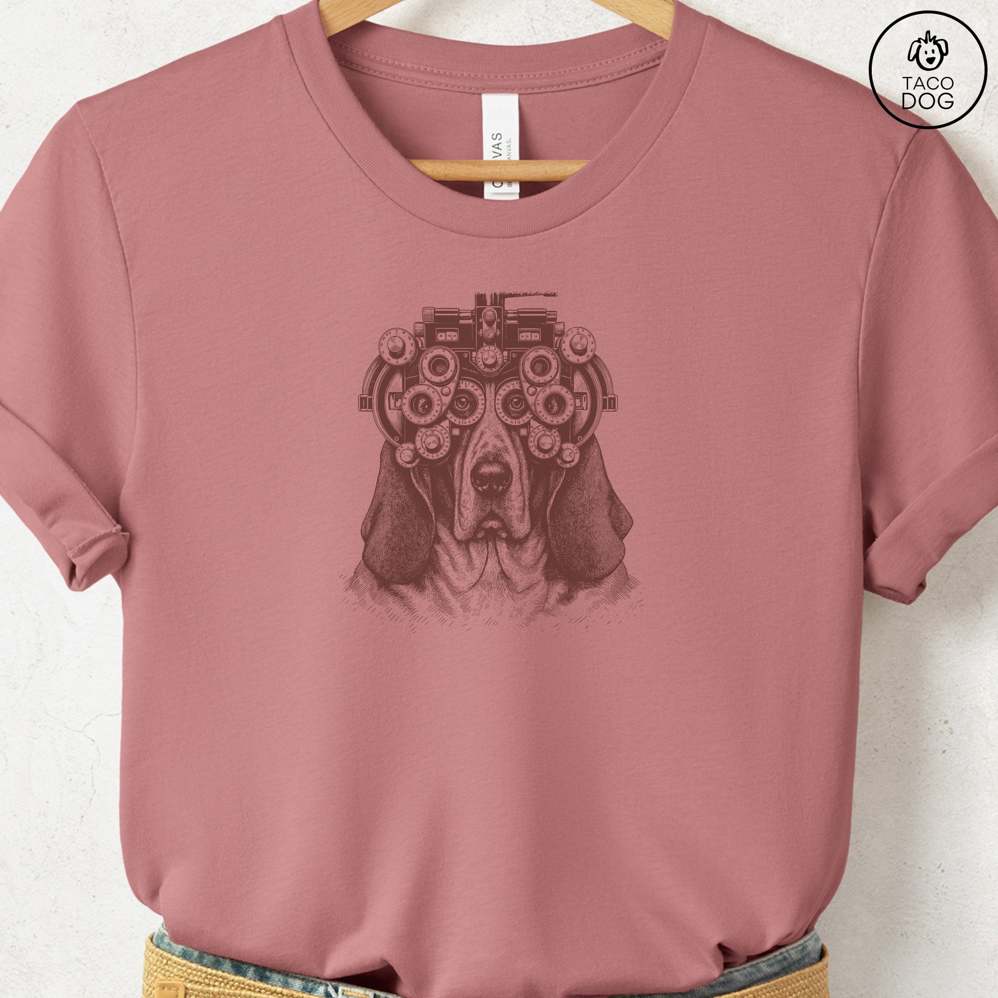 Basset Hound Optometrist T-Shirt Heather Mauve Taco-Dog